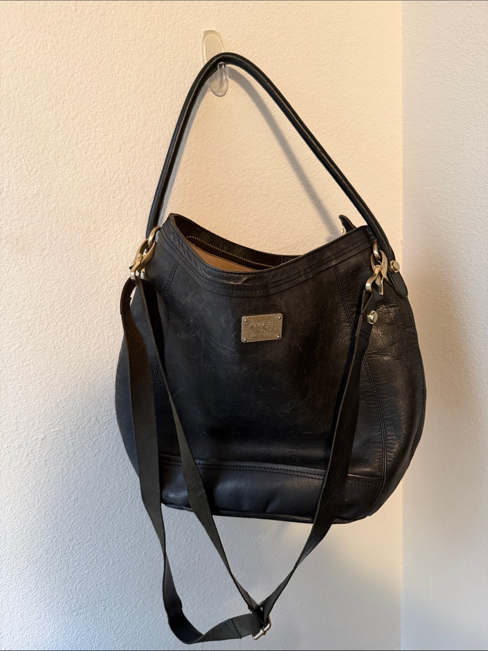 Diesel Black Leather Shoulder Hobo with Gold Hardware